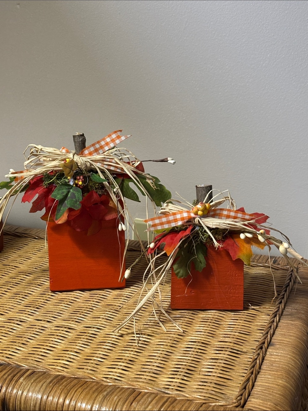 Homemade Rustic Orange Wooden Pumpkin Blocks with Autumn Accents - Set of 2